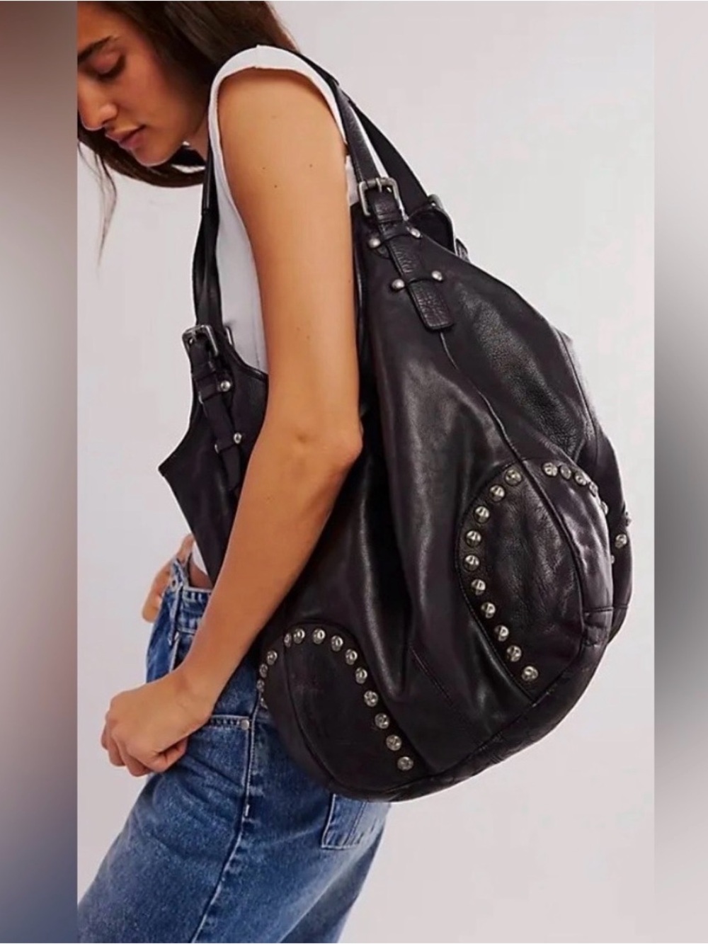 Free People Black Studded Shoulder Hobo Bag Bushwick Tote sold out
